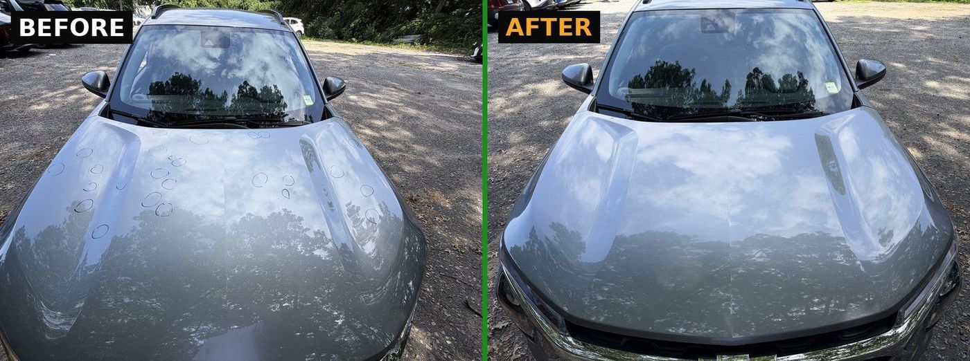 Before and after hail damage repair on a Chevrolet Trax hood, Long Island NY