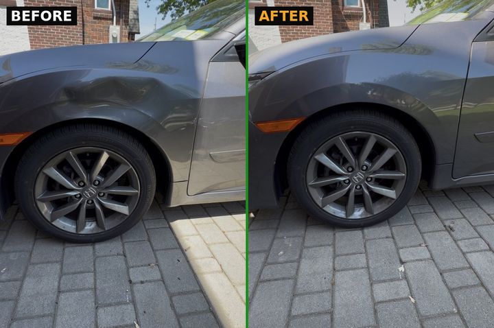 Before and after paintless dent repair of a fender dent on a gray Honda Civic, Long Island NY
