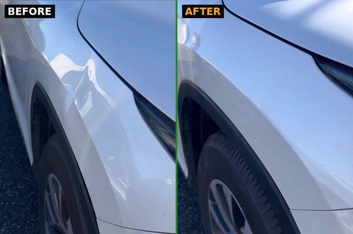 Before and after paintless dent repair of a bodyline crease dent on a white Honda CR-V fender, Long Island NY