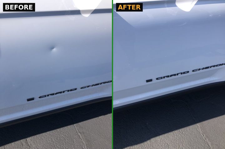 Before and after paintless dent repair of a door ding on a white Jeep Grand Cherokee, Long Island NY