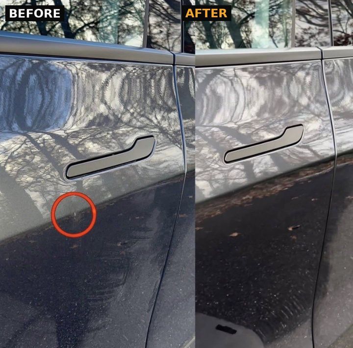 Before and after lease return dent repair on a gray Tesla door panel, Long Island NY